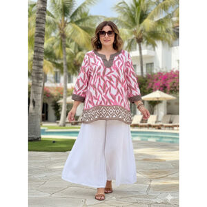 JM Collection Linen Tunic Top Plus Size 18 Pink Brown Ikat Boho